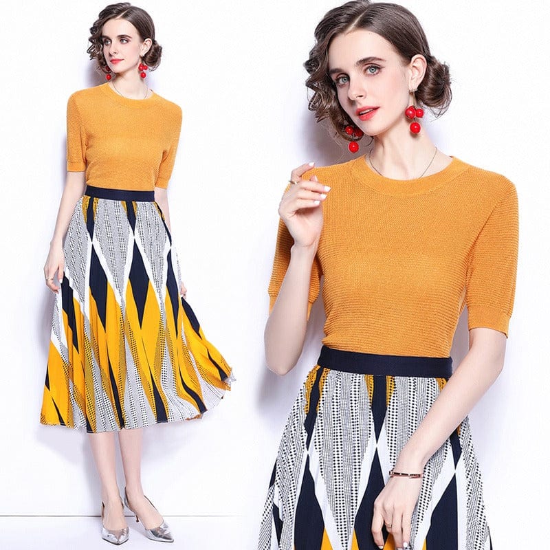 Western style short-sleeved knitted t-shirt + geometric print skirt two-piece set HJW9883078