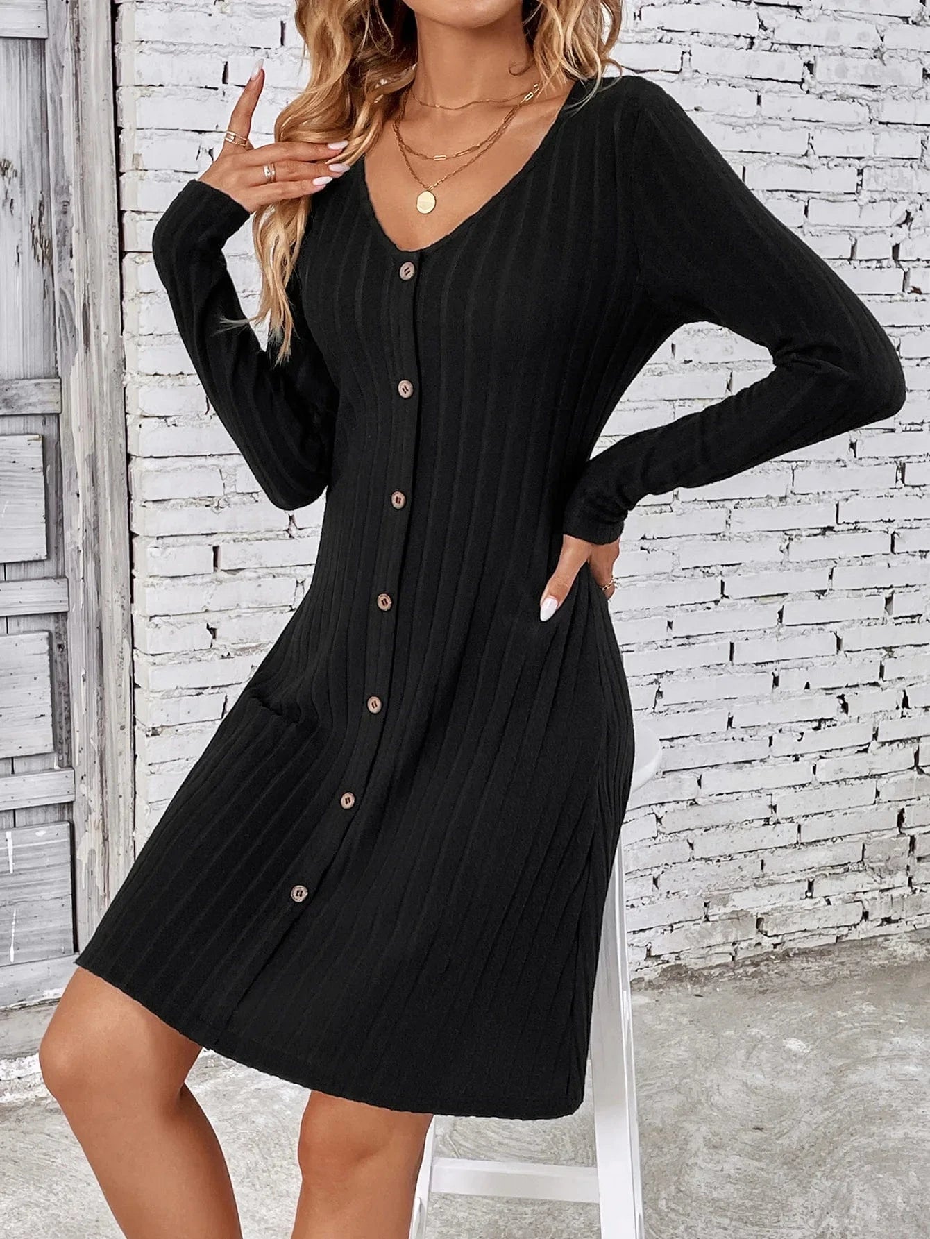 Western style skirt women's Autumn New fashion Button waist Solid color Long sleeve dress