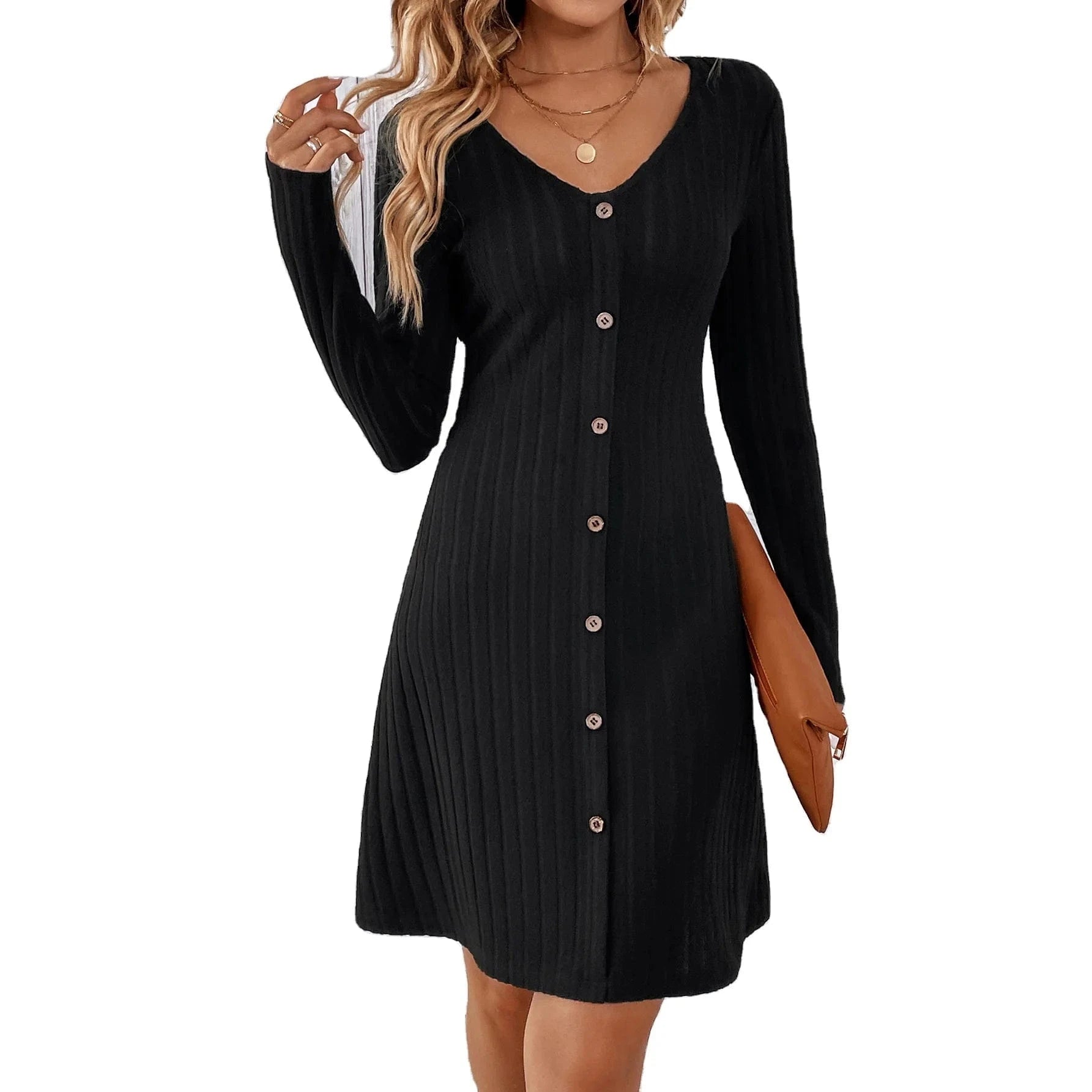 Western style skirt women's Autumn New fashion Button waist Solid color Long sleeve dress