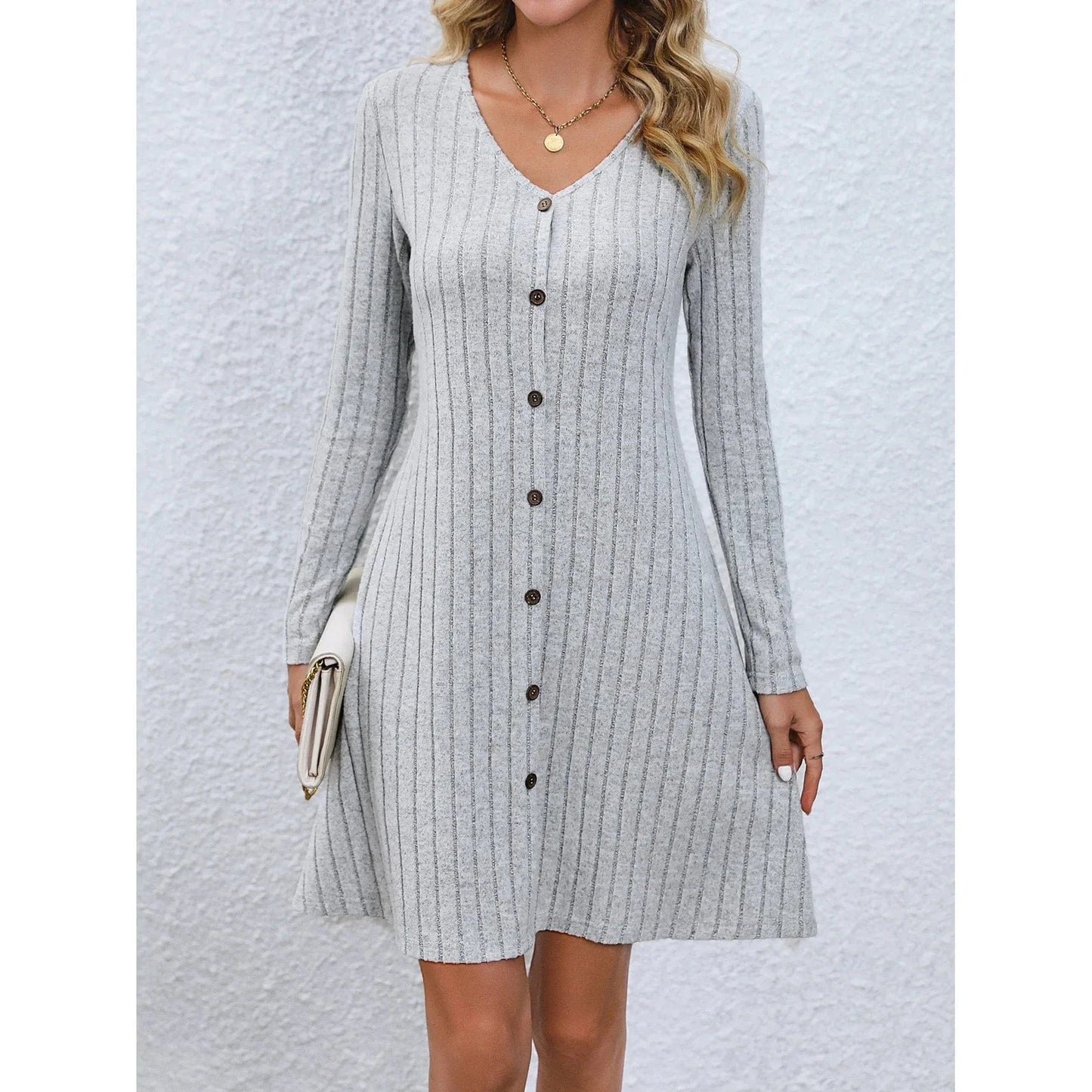 Western style skirt women's Autumn New fashion Button waist Solid color Long sleeve dress
