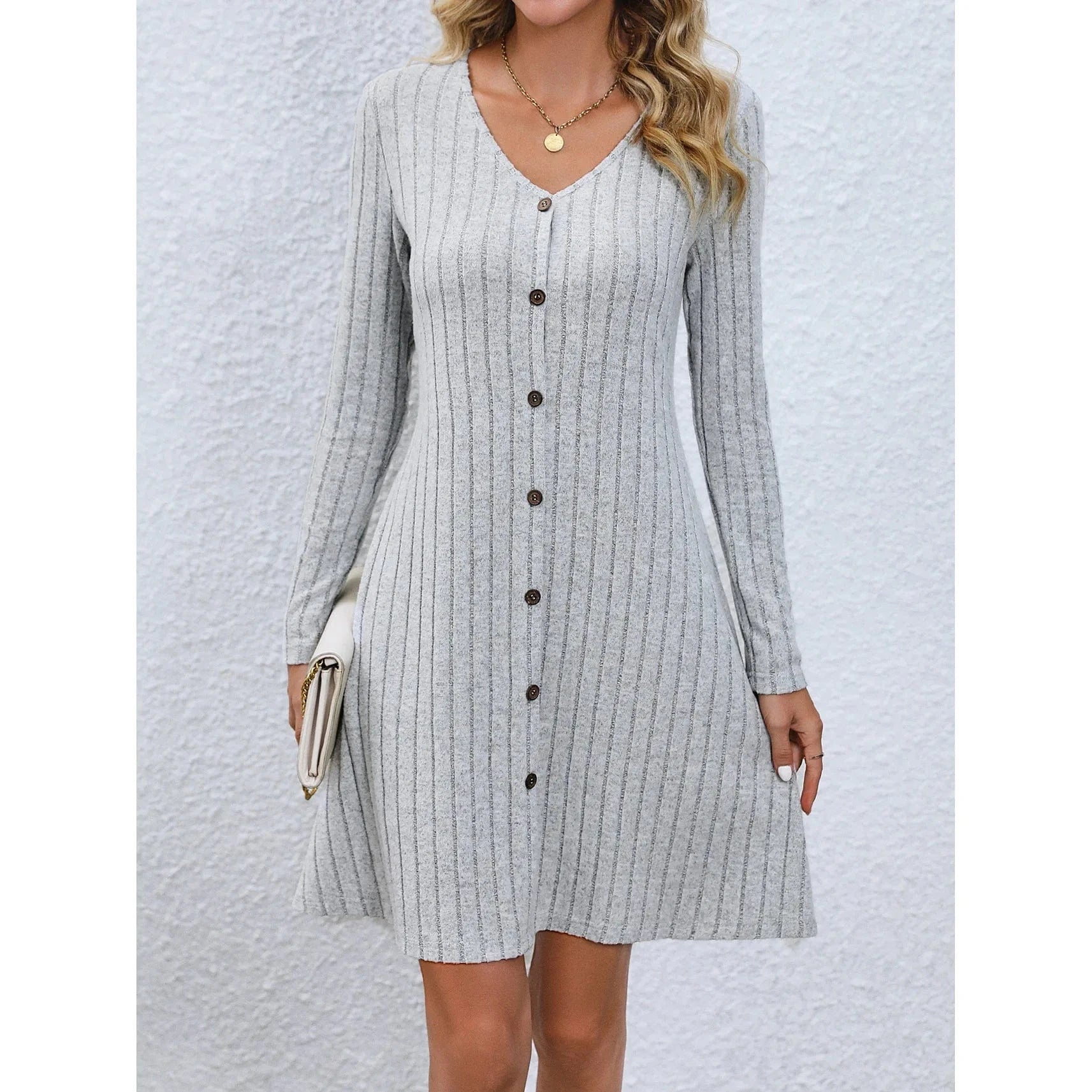 Western style skirt women's Autumn New fashion Button waist Solid color Long sleeve dress