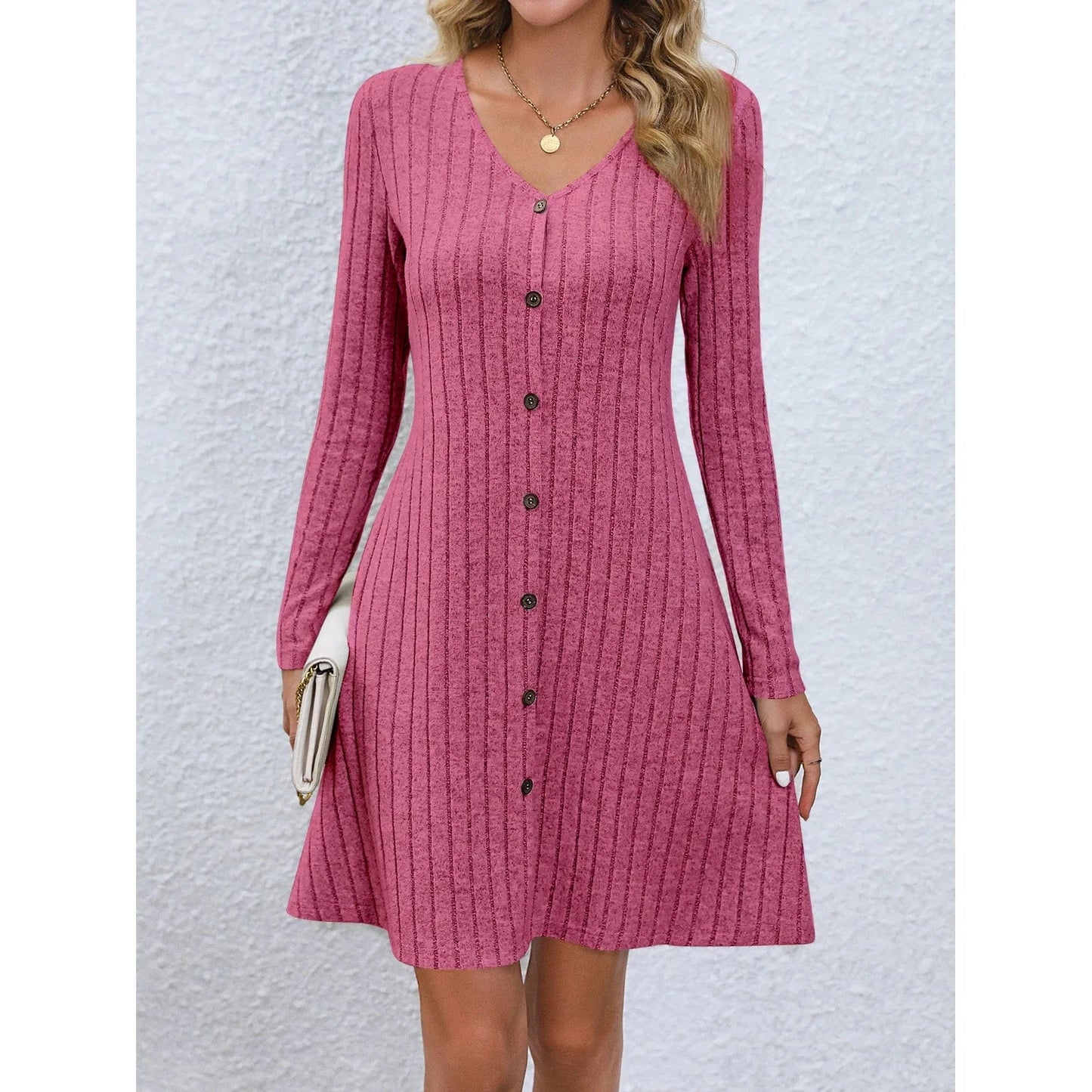 Western style skirt women's Autumn New fashion Button waist Solid color Long sleeve dress