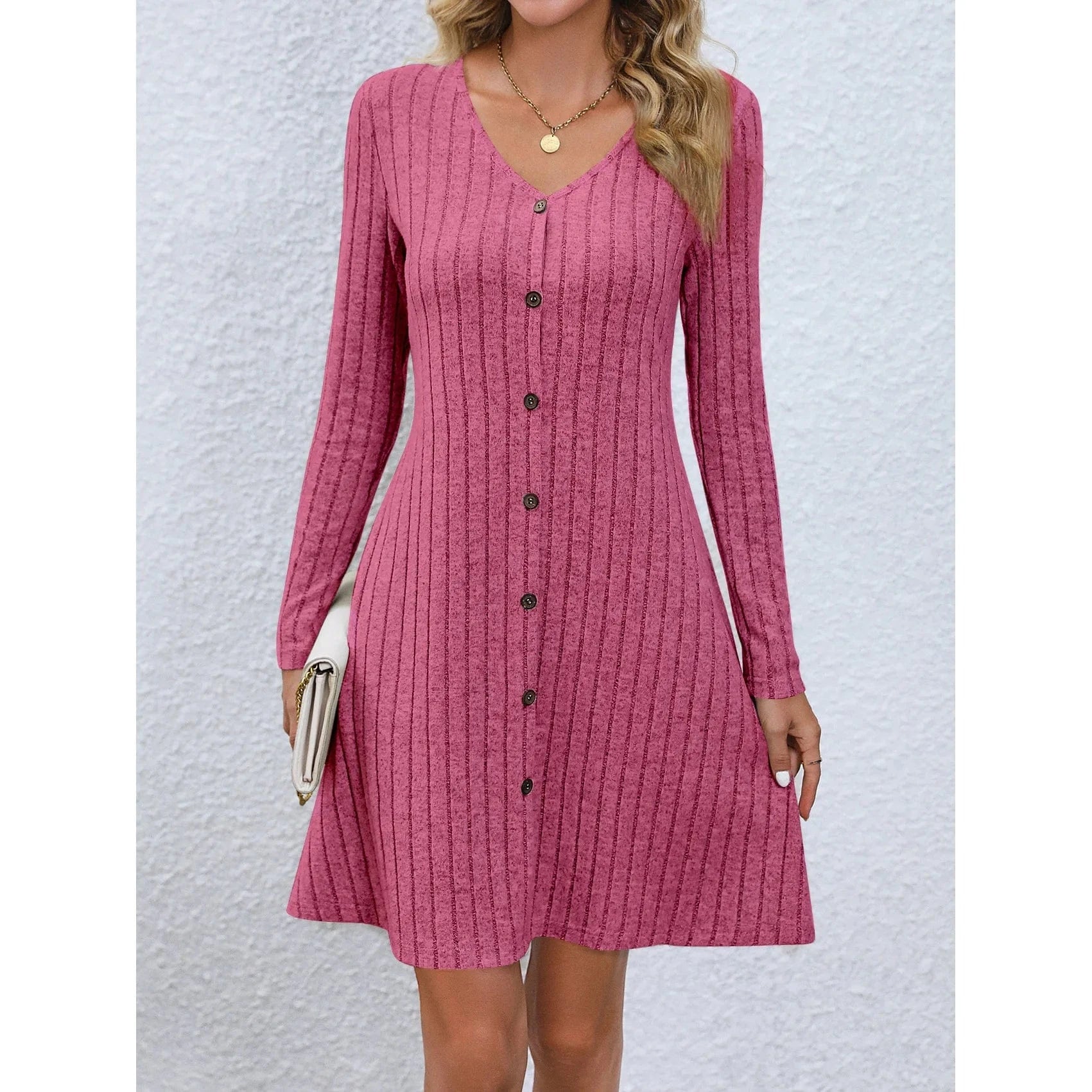 Western style skirt women's Autumn New fashion Button waist Solid color Long sleeve dress