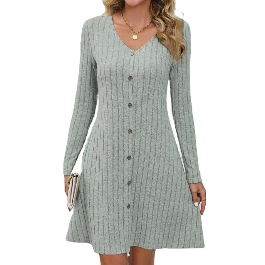Western style skirt women's Autumn New fashion Button waist Solid color Long sleeve dress