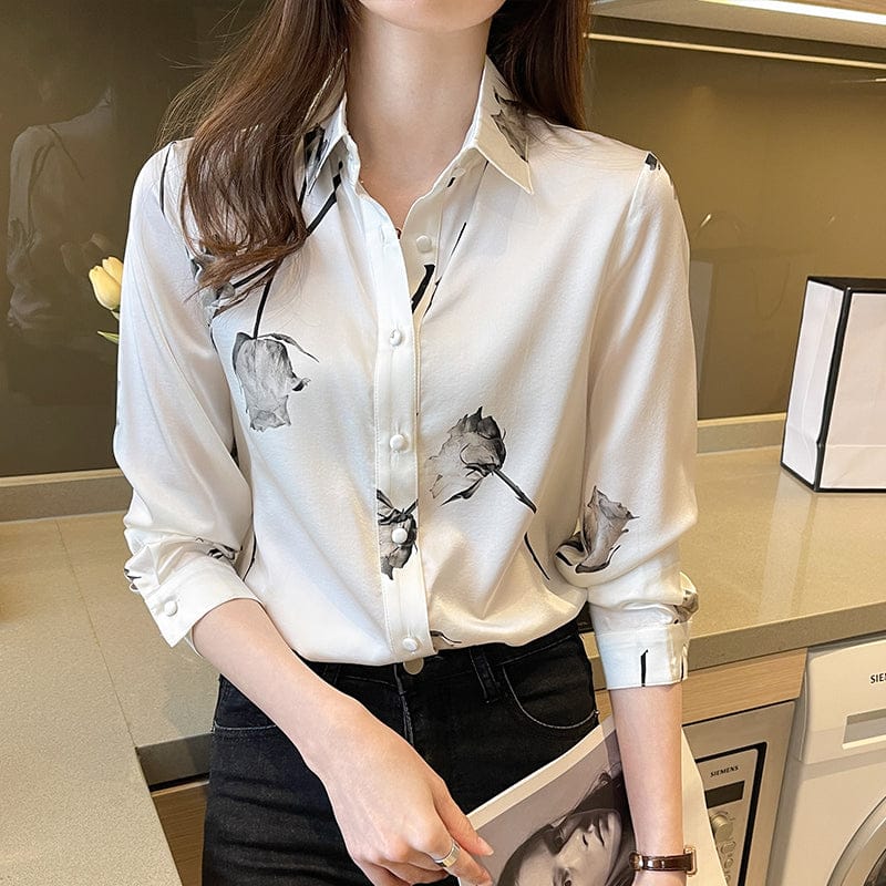 Whit Slim Print Shirt Women Turn Down Collar Long Sleeve Blouse Shirts Ladies 2022 Autumn