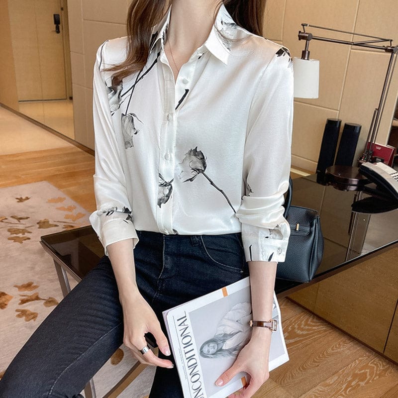 Whit Slim Print Shirt Women Turn Down Collar Long Sleeve Blouse Shirts Ladies 2022 Autumn