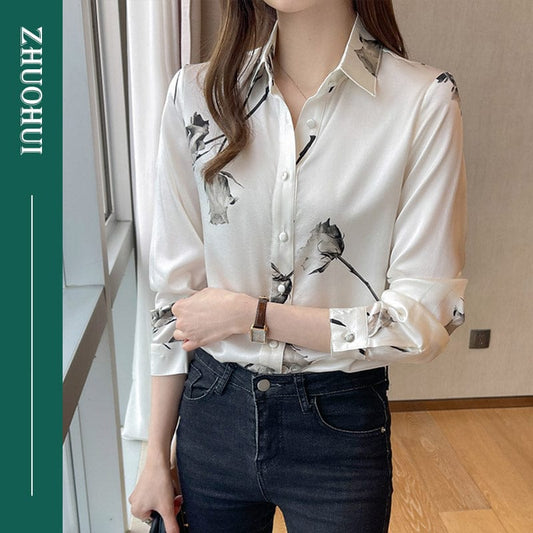 Whit Slim Print Shirt Women Turn Down Collar Long Sleeve Blouse Shirts Ladies 2022 Autumn