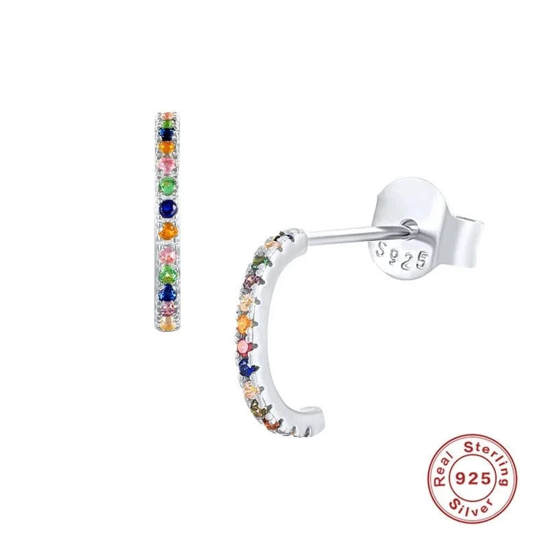 White 2022 NEW 925 Sterling Silver rainbow multicolor mini C shaped cuff stud earring