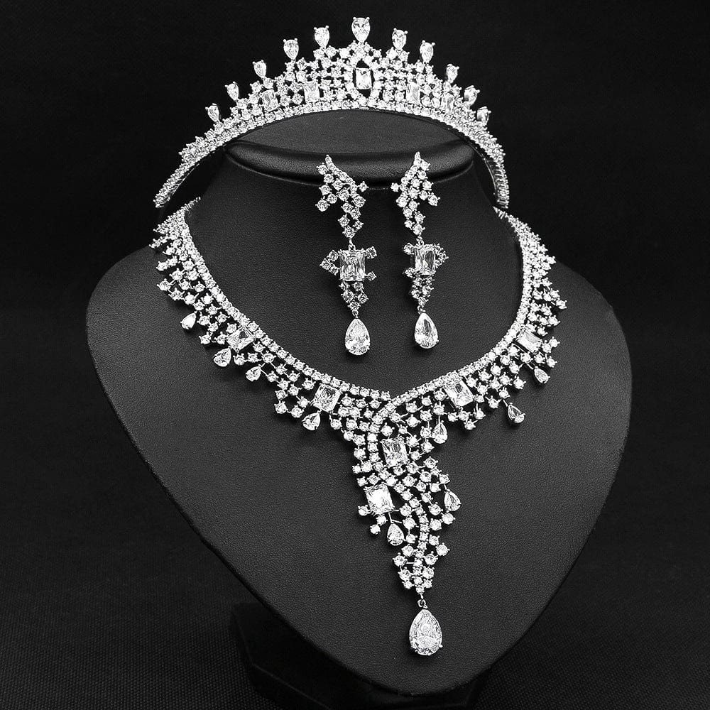 White Boutique Water Droplets Shape Zircon Jewelry Necklace Tassel Earrings Crown Women Bride Wedding Dress Collocation Jewelry Set