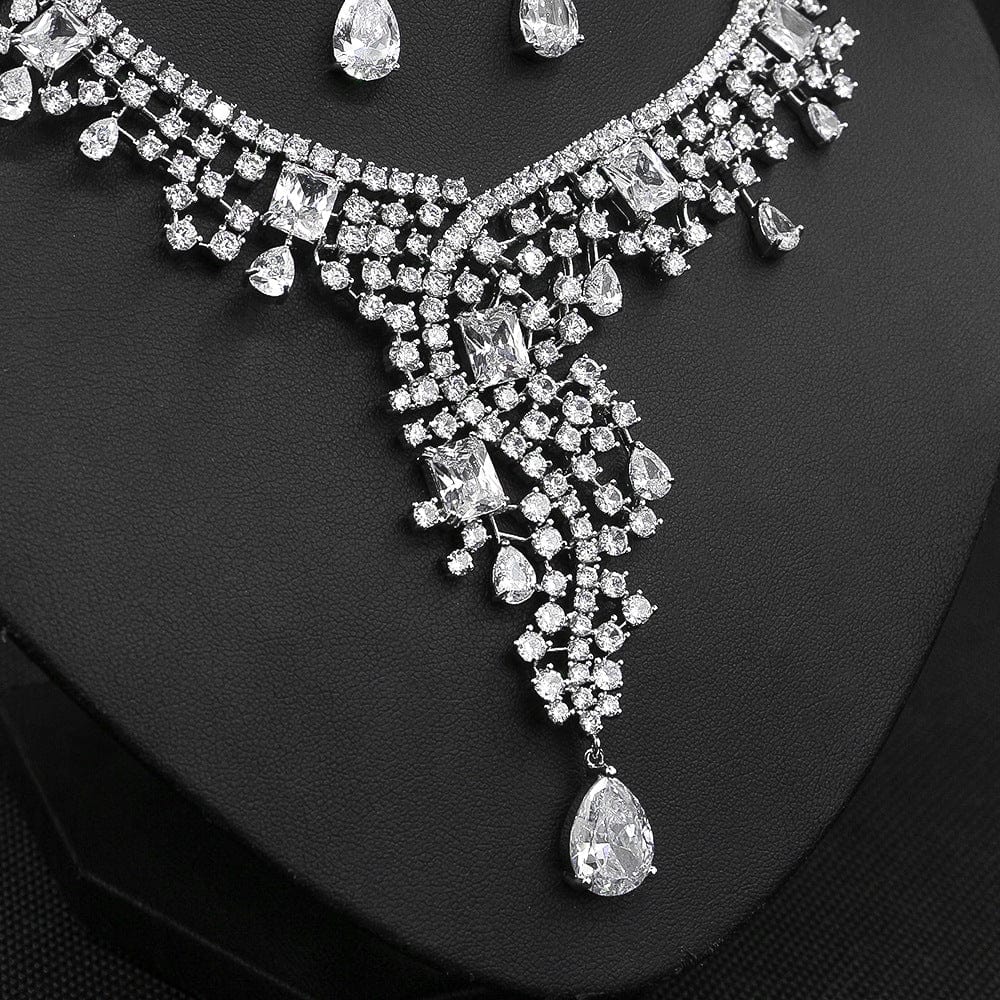 White Boutique Water Droplets Shape Zircon Jewelry Necklace Tassel Earrings Crown Women Bride Wedding Dress Collocation Jewelry Set