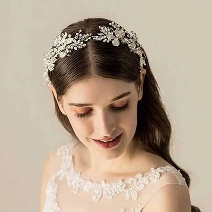 White Bridal Headband Silver Tiara for Bride Headpieces for Wedding Hair Accessories for Brides Prom Photography