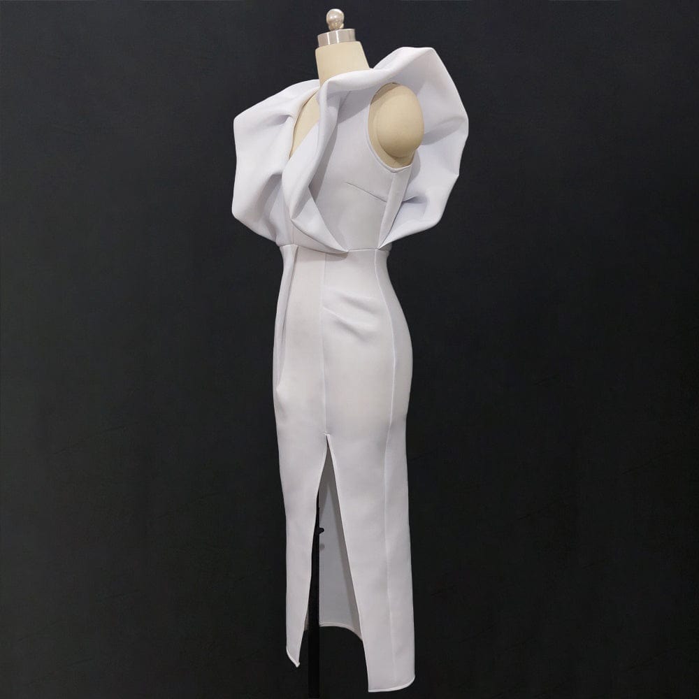 White Deep V Neck High Waist Sexy Slit Bodycon Ruffles Lady Club Dress