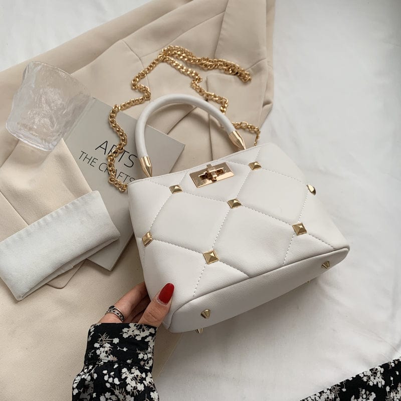 White Elegance Chain Strap Shoulder Bags Stud Rivet Luxury Crossbody Purses for Women 2022 Handbag Trends