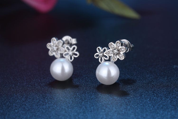 White gold color New Style Fashion Brand Jewelry Double Imitation Pearl Stud Earrings for Women Flower Zircon Inlaid Earrings