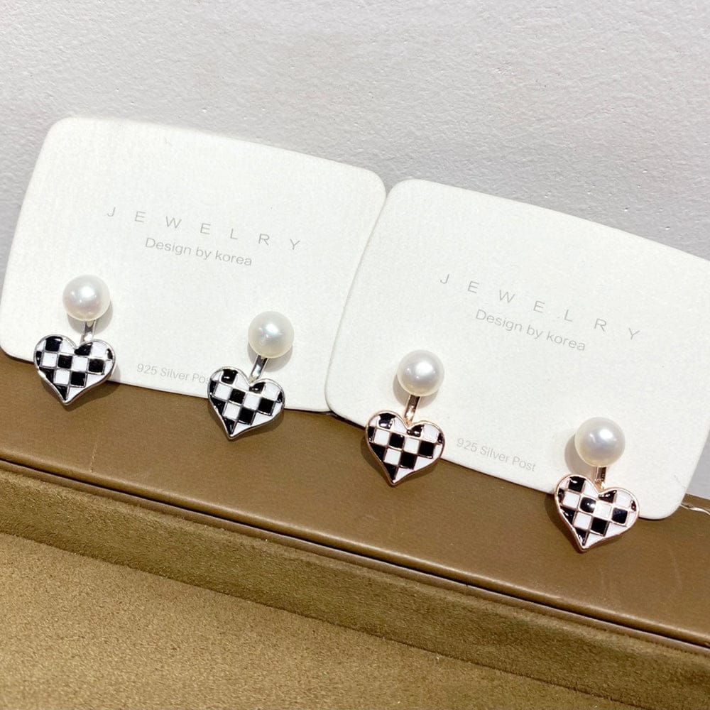 White Gold Wholesale 925 Sterling Silver 18K Gold Plated Two Ways Wearing Black White Heart Shape  Enamel Pearl Stud Earring