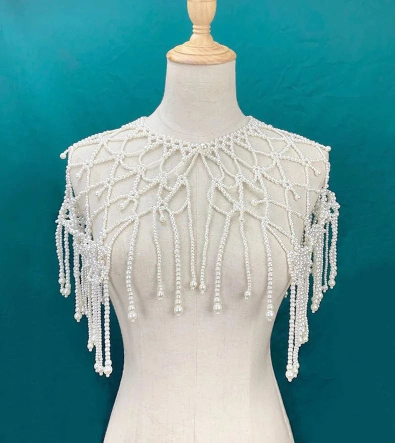 White Luxury Body Jewelry Tassel Wedding Bridal Elegant Tassel Shoulder Chain Necklace White Pearl Shawl Summer Body Chain Jewelry