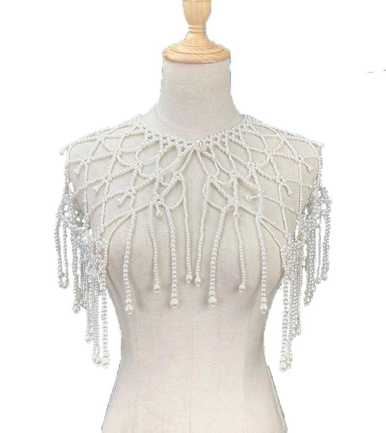 White Luxury Body Jewelry Tassel Wedding Bridal Elegant Tassel Shoulder Chain Necklace White Pearl Shawl Summer Body Chain Jewelry