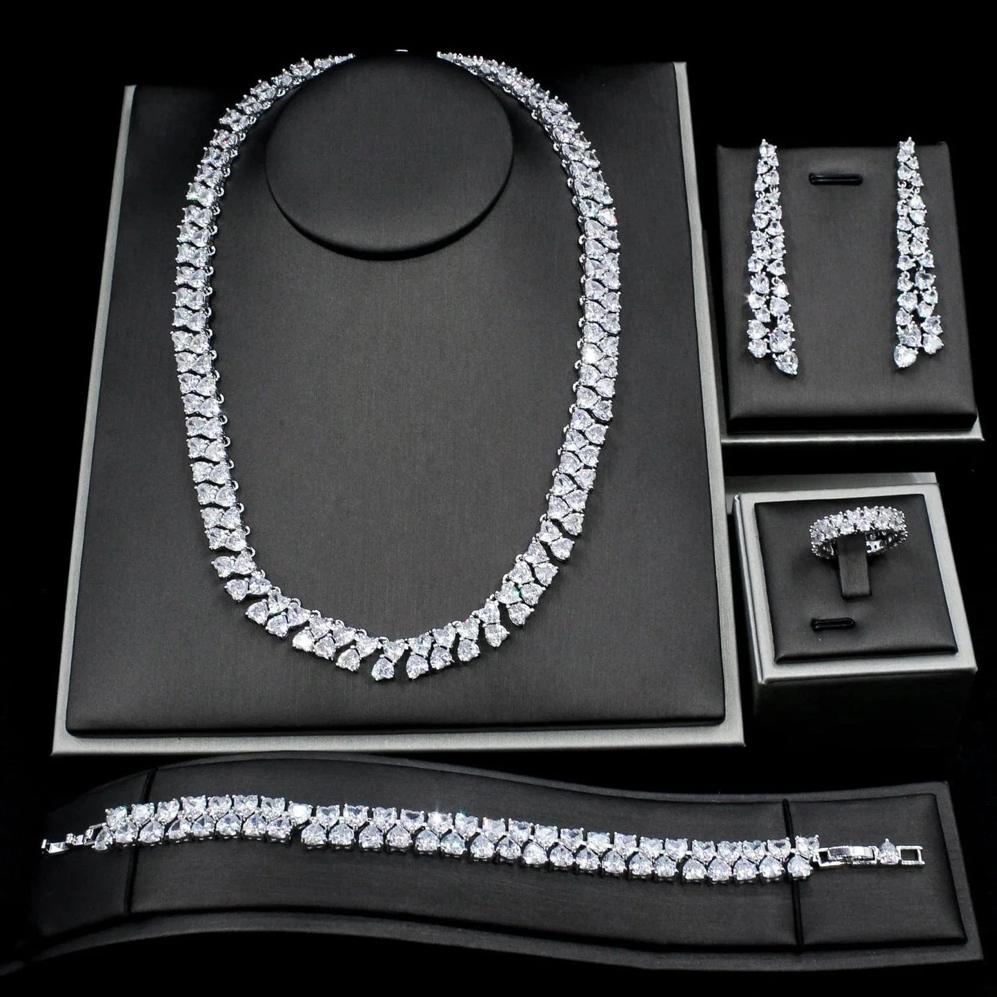 White Luxury Love Heart Zircon Jewelry Necklace Tassel Earrings Bracelet Ring Women Engagement Wedding Bride Jewelry Set