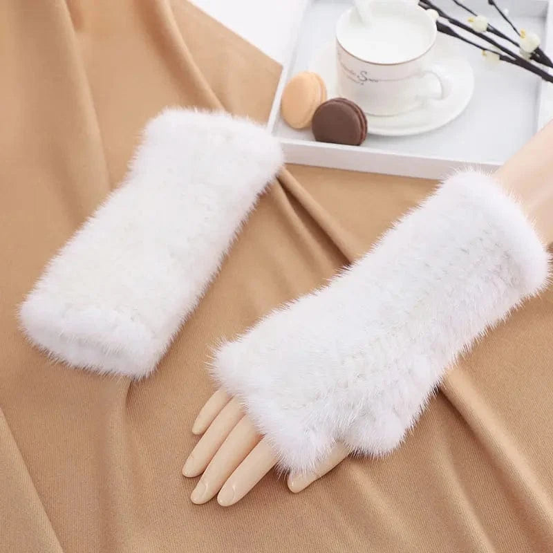 White Luxury opera party warm half finger women winter gloves real mink fur mittens