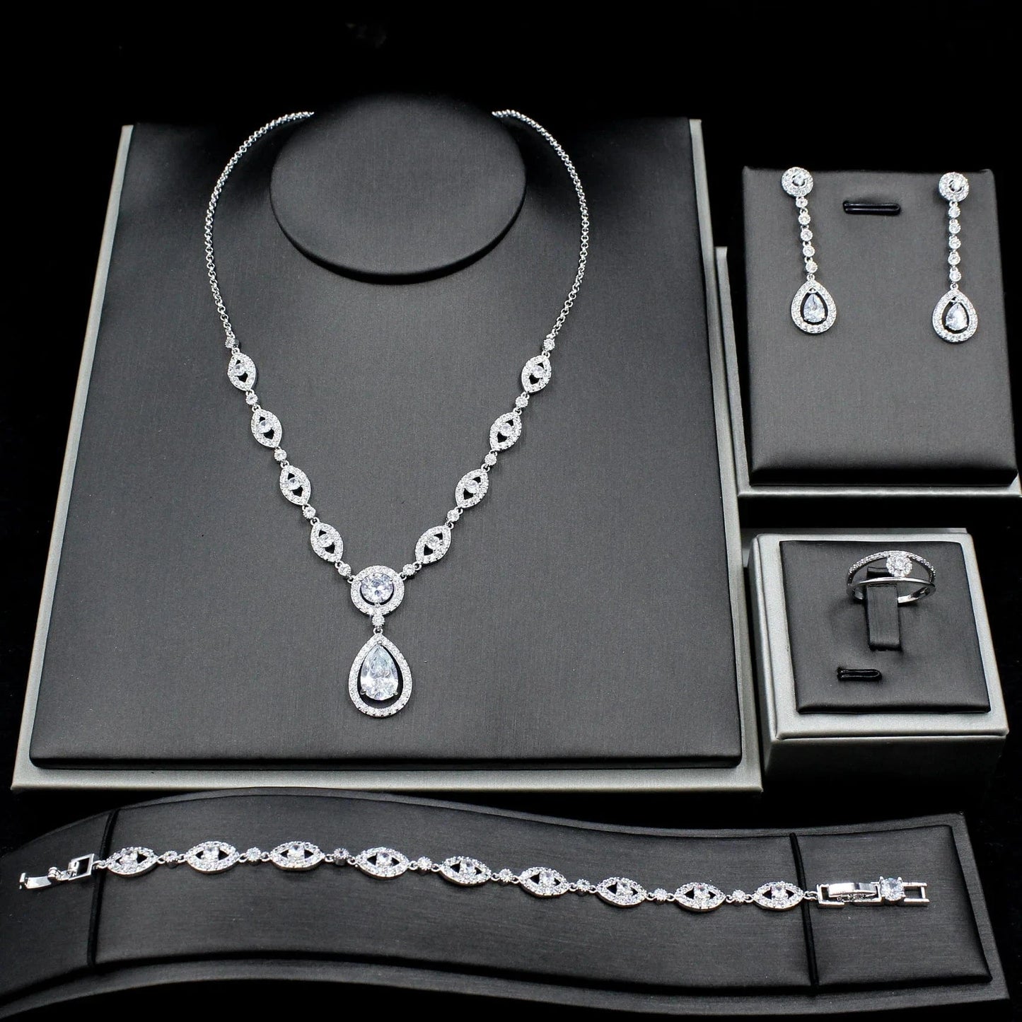 White Luxury Water Droplets Zircon Jewelry Hollow Out Necklace Earrings Bracelet Ring Women Minimalist Cute Trendy Jewelry Set