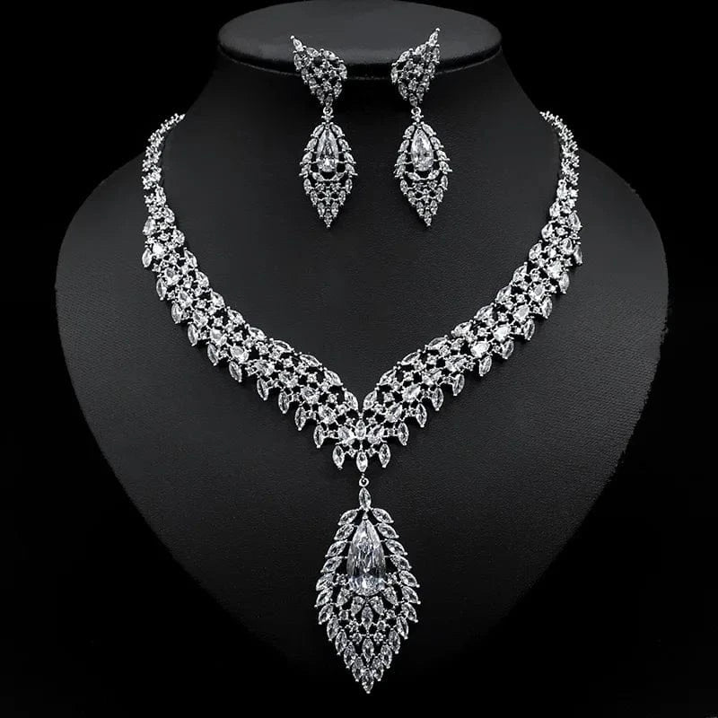White Luxury Zircon Jewelry Statement Geometric Crystal Necklace Drop Earring Women Fashion Bridal Engagement Wedding Jewelry Set
