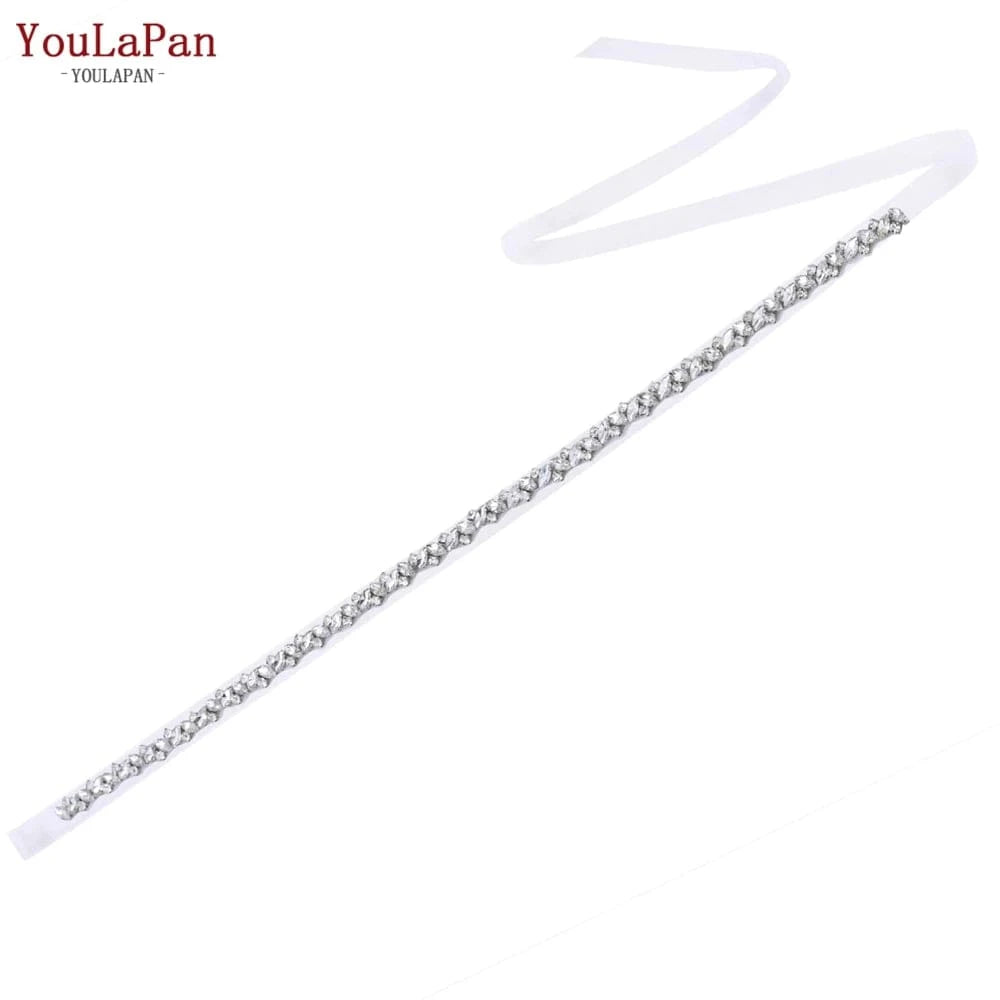 White organza  Ribbon YouLaPan S404 Modern Design Hot Sale Women Dress Belt Silver Rhinestone Thin Belt Bridal Wedding Dress Waist Jewelry