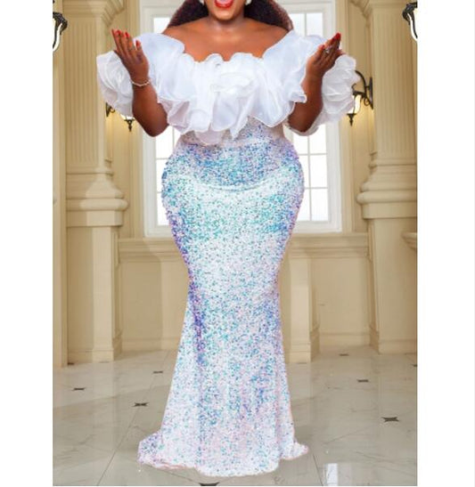 White Plus Size Sequin Ruffles Party Gowns For Women Wedding Evening Dress