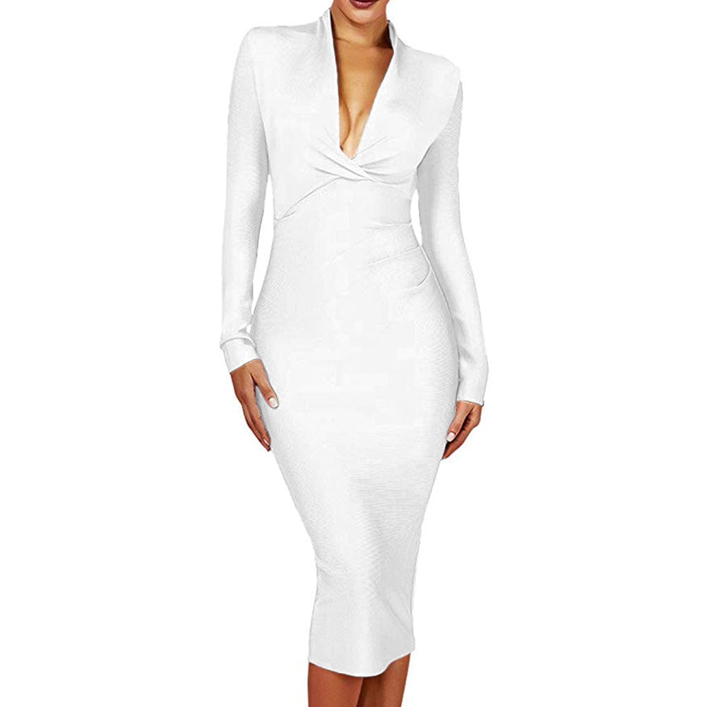 White Spring Bandage Deep V-Neck Midi Vestidos Sexy Bodycon Women Clothing Dress