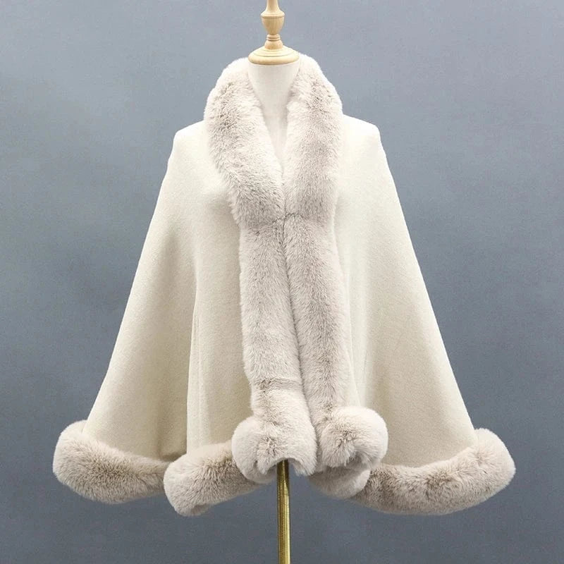 White Wholesale Black White Pink Beige Knitted Wool Cape Winter Fashion Warm Faux Fur Shawl