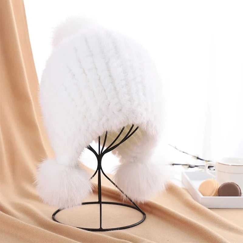 White Winter fashion earflap pom ball women knitted mink fur hats