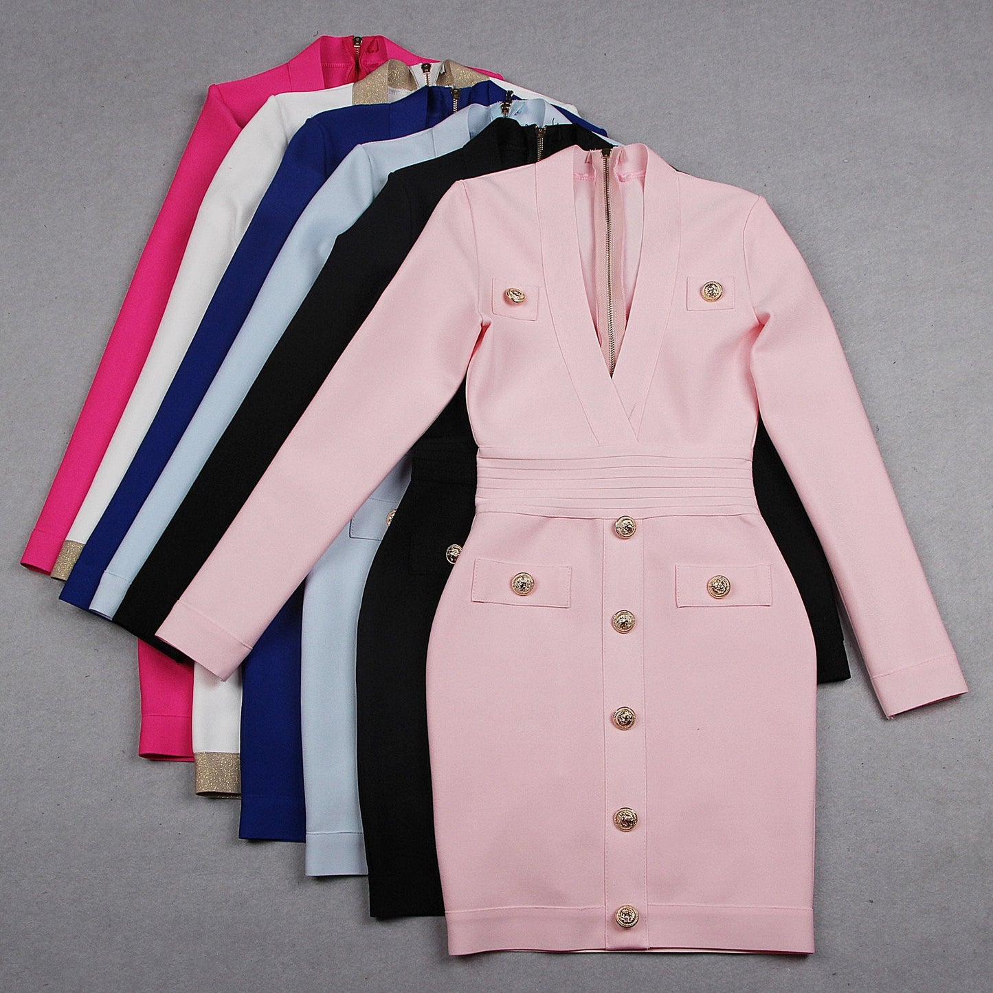 White Women Bandage Deep V-Neck Buttons Mini Dresses Office Long Sleeve Evening Party Clothing