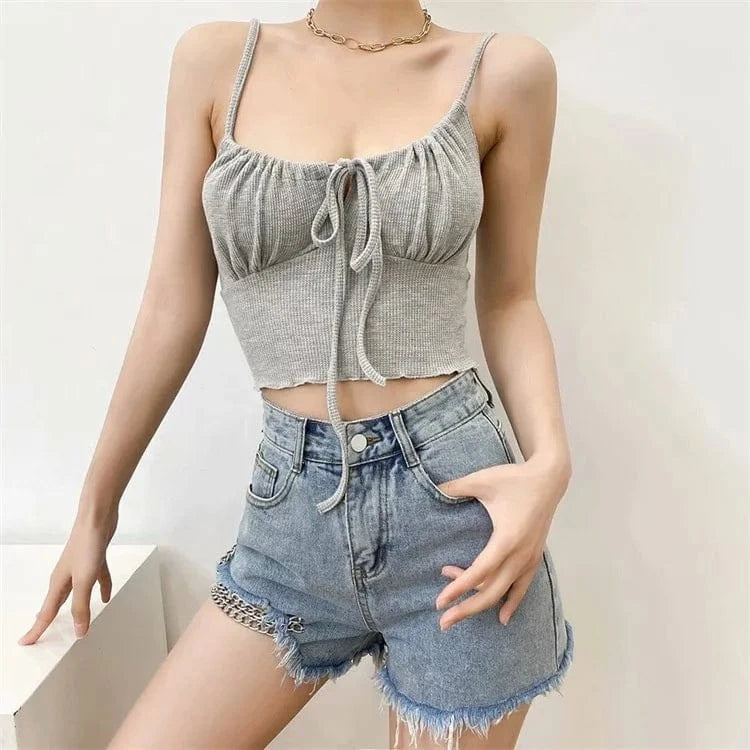 Wholesale 2022 Summer Crop Top with Drawstring Sleeveless Hollow Out Waffle Women Crop Tank Top