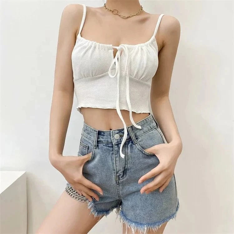 Wholesale 2022 Summer Crop Top with Drawstring Sleeveless Hollow Out Waffle Women Crop Tank Top