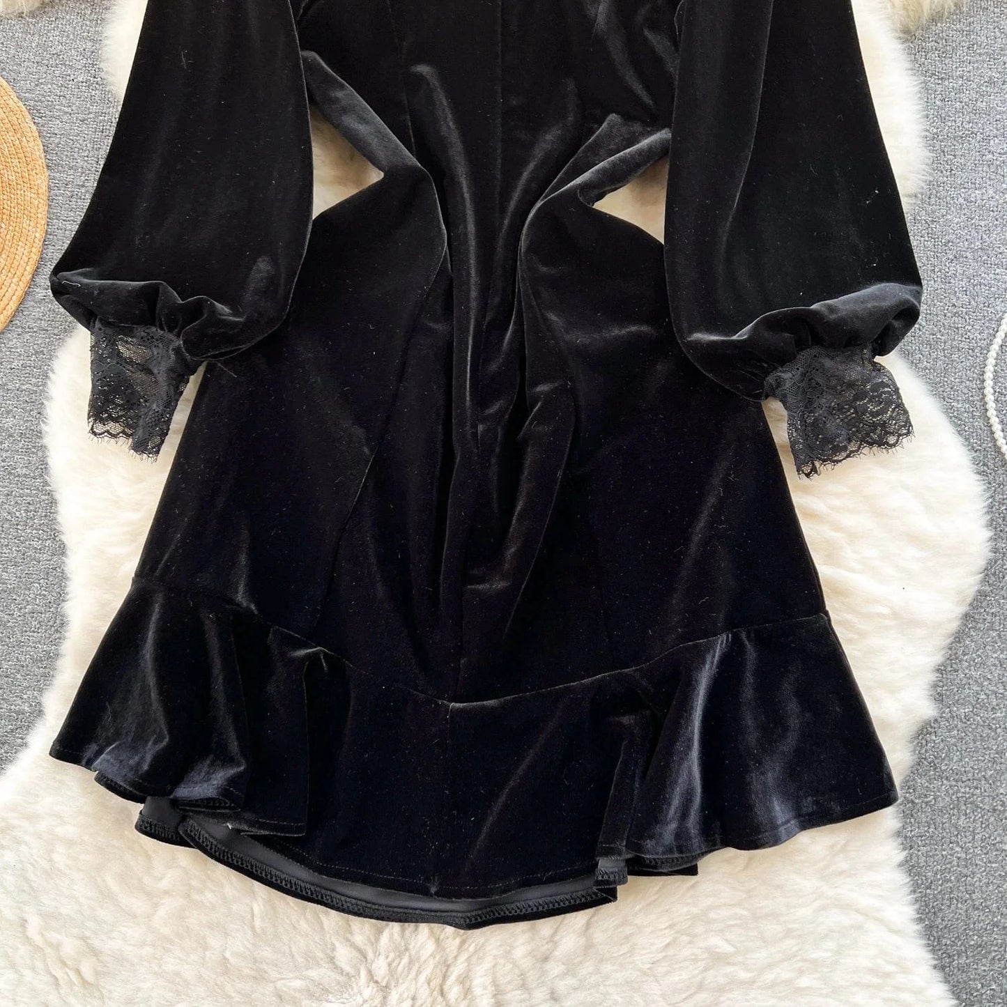 Wholesale 2024 Spring Long Sleeve Mesh Beaded Round Neck Waist Waist Slim A-line Golden Velvet Women's Dress