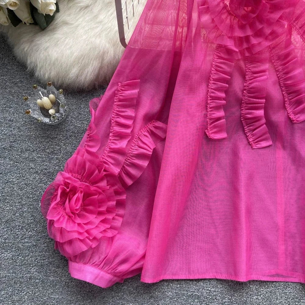 Wholesale 2024 Summer French 3d Flower Long Sleeve Shirt New Loose And Slim Women's Chiffon Shirt