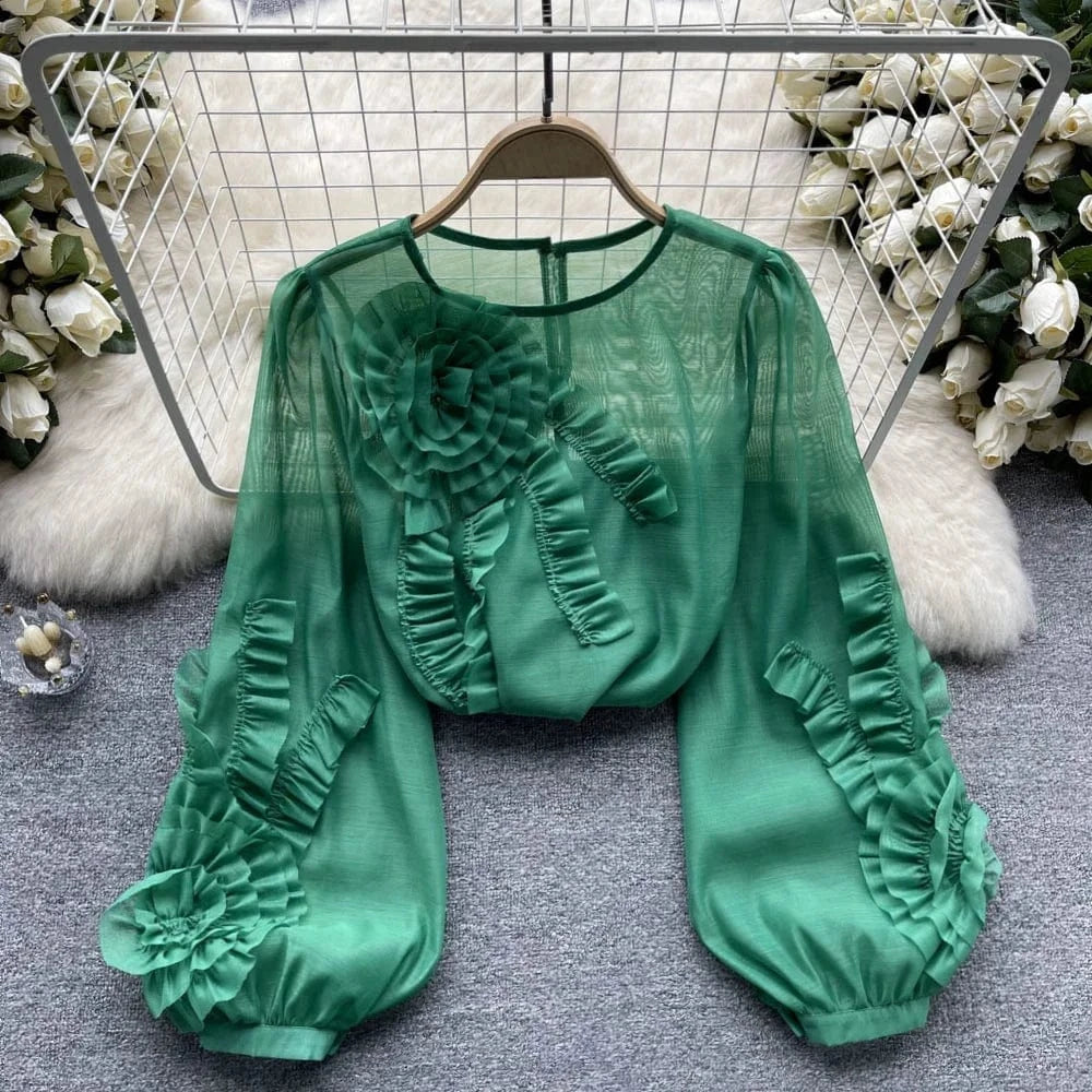 Wholesale 2024 Summer French 3d Flower Long Sleeve Shirt New Loose And Slim Women's Chiffon Shirt