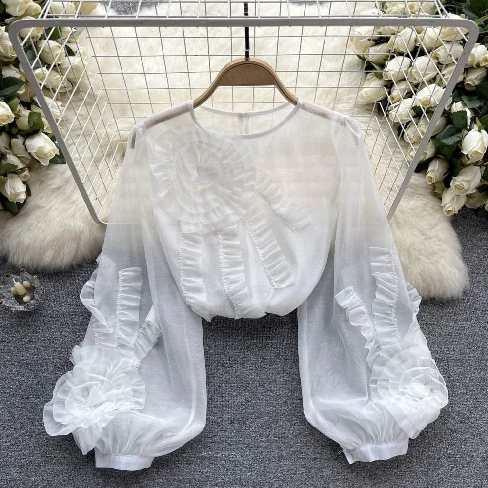 Wholesale 2024 Summer French 3d Flower Long Sleeve Shirt New Loose And Slim Women's Chiffon Shirt