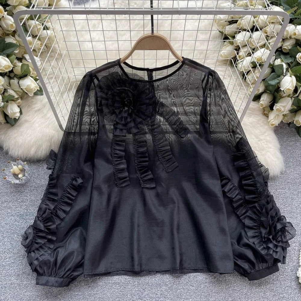 Wholesale 2024 Summer French 3d Flower Long Sleeve Shirt New Loose And Slim Women's Chiffon Shirt