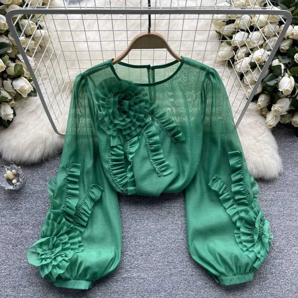 Wholesale 2024 Summer French 3d Flower Long Sleeve Shirt New Loose And Slim Women's Chiffon Shirt