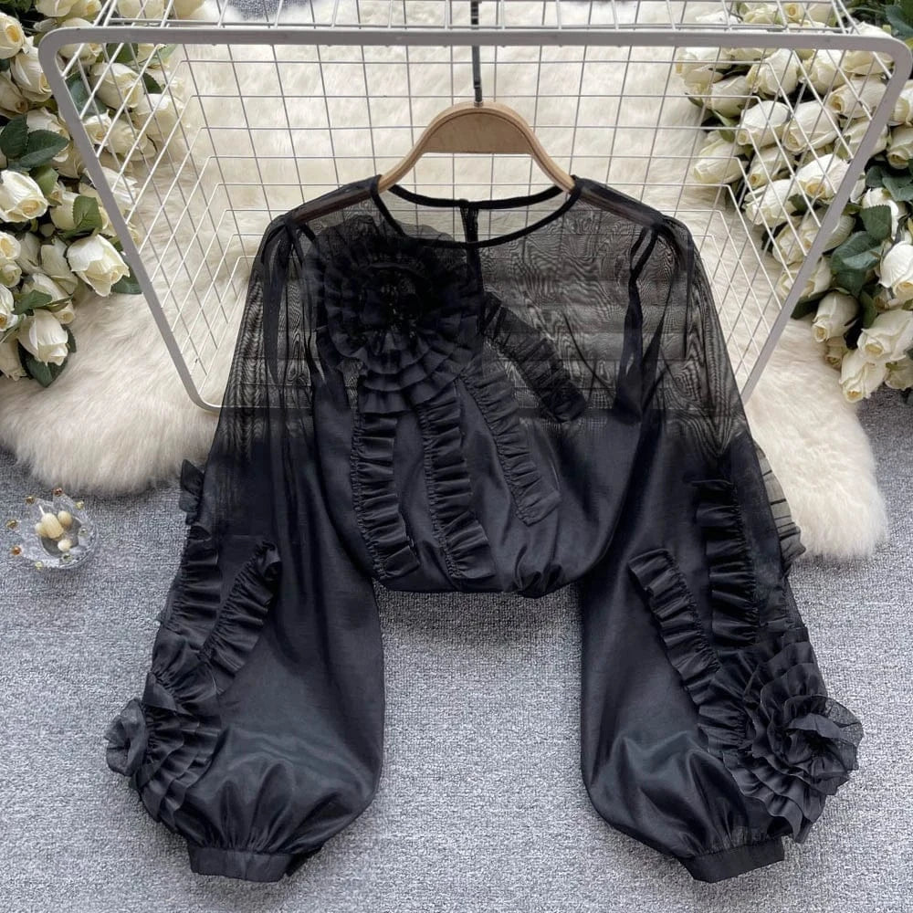 Wholesale 2024 Summer French 3d Flower Long Sleeve Shirt New Loose And Slim Women's Chiffon Shirt