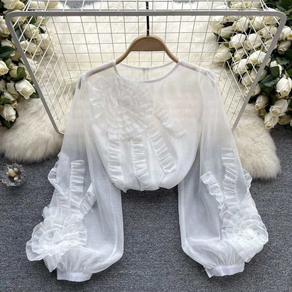 Wholesale 2024 Summer French 3d Flower Long Sleeve Shirt New Loose And Slim Women's Chiffon Shirt