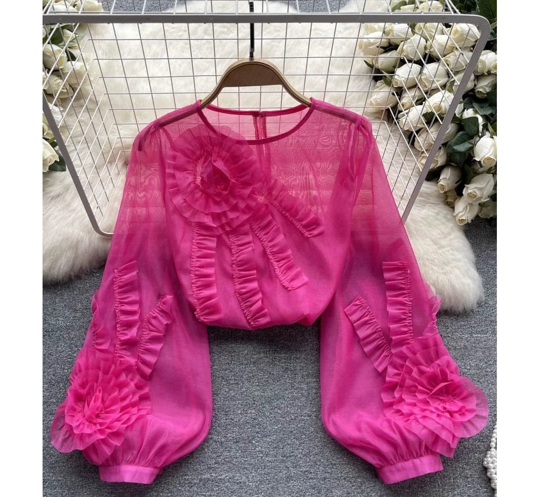 Wholesale 2024 Summer French 3d Flower Long Sleeve Shirt New Loose And Slim Women's Chiffon Shirt