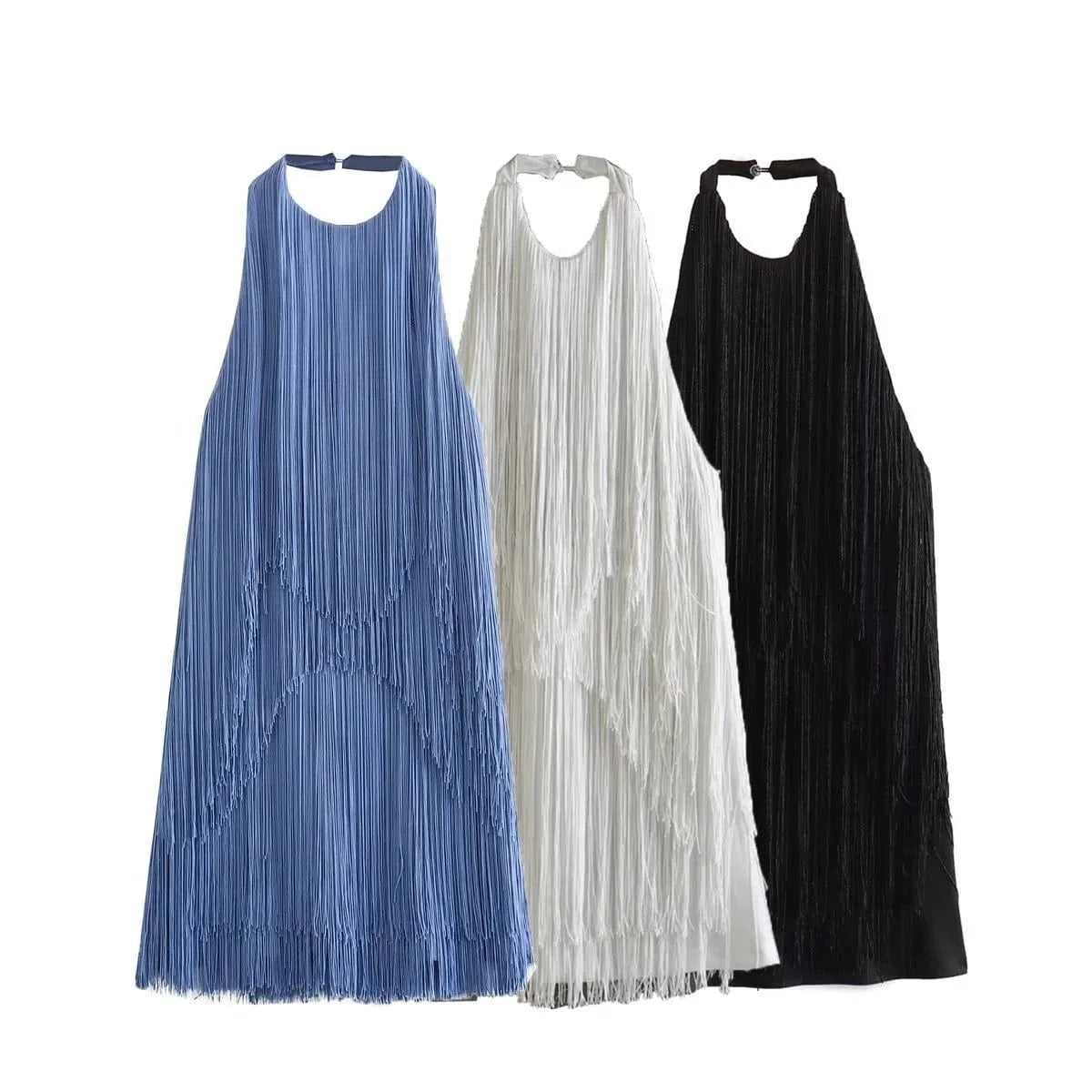 Wholesale 2024 Summer New Product European and American Style Women's Solid Color Loose Tassel halter Dress