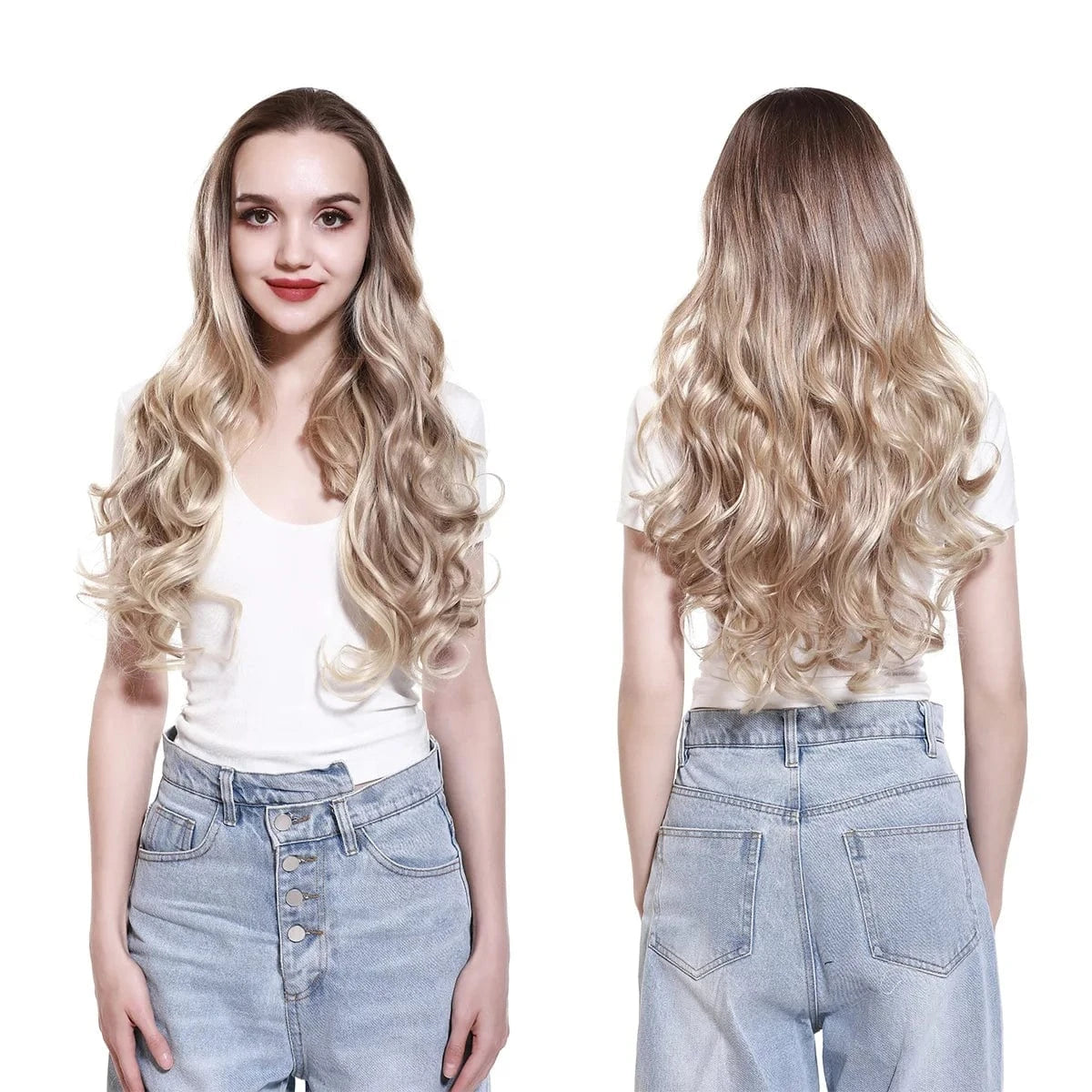 Wholesale 26" One Piece Synthetic Curly Seamless Natural Blonde 5 Clips In Synthetic Hair Extensions Wigs For White Women