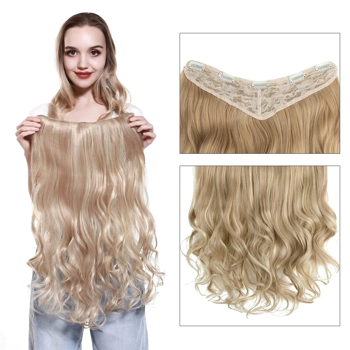 Wholesale 26" One Piece Synthetic Curly Seamless Natural Blonde 5 Clips In Synthetic Hair Extensions Wigs For White Women