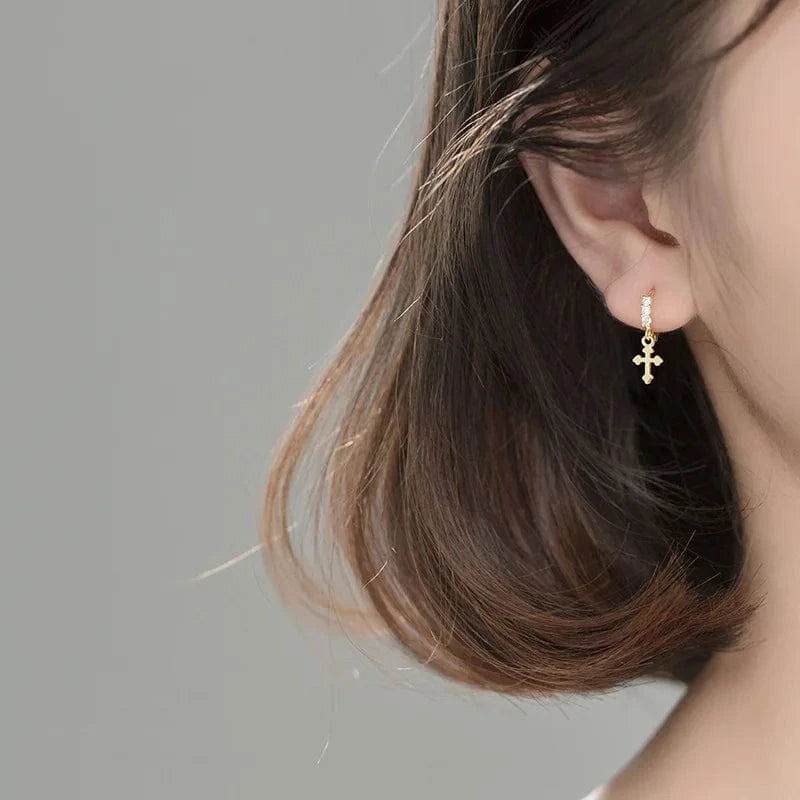 wholesale 925 silver earrings jewelry women 18K gold plated sterling silver geometric cross drop earrings for women