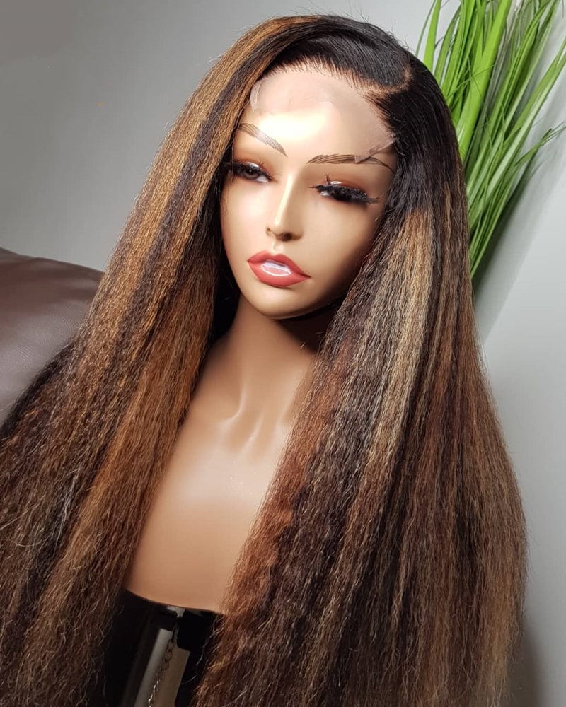 Wholesale Afro Wave  Highlight Brown Color Raw Peruvian Hair 13*4 Lace Front Wigs for Black Women
