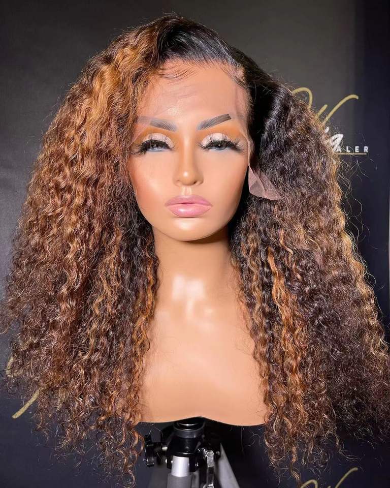 Wholesale Afro Wave  Highlight Brown Color Raw Peruvian Hair 13*4 Lace Front Wigs for Black Women