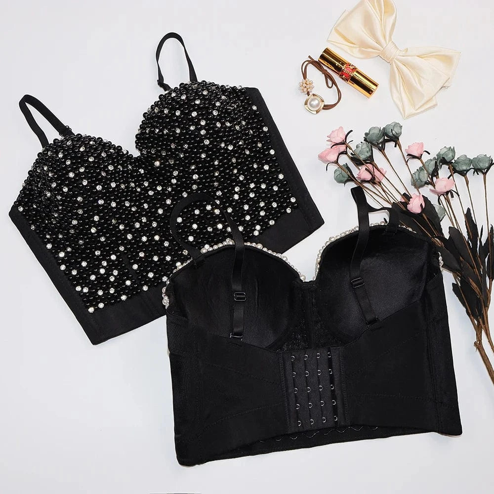 Wholesale black embellished beaded sexy latex  bustier corset crop top