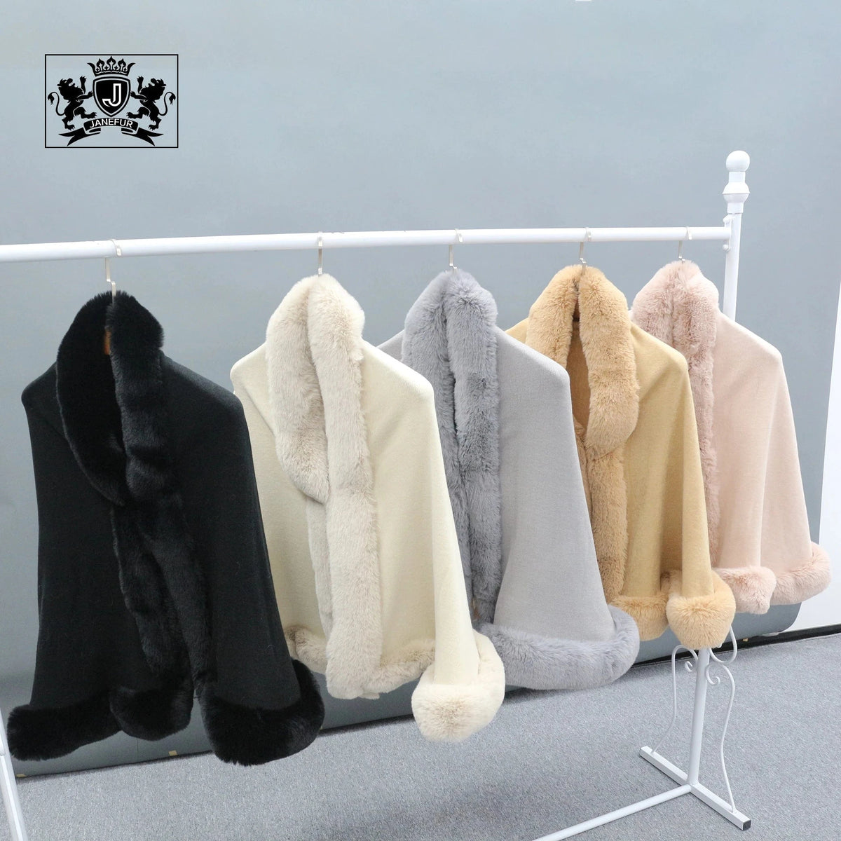 Wholesale Black White Pink Beige Knitted Wool Cape Winter Fashion Warm Faux Fur Shawl